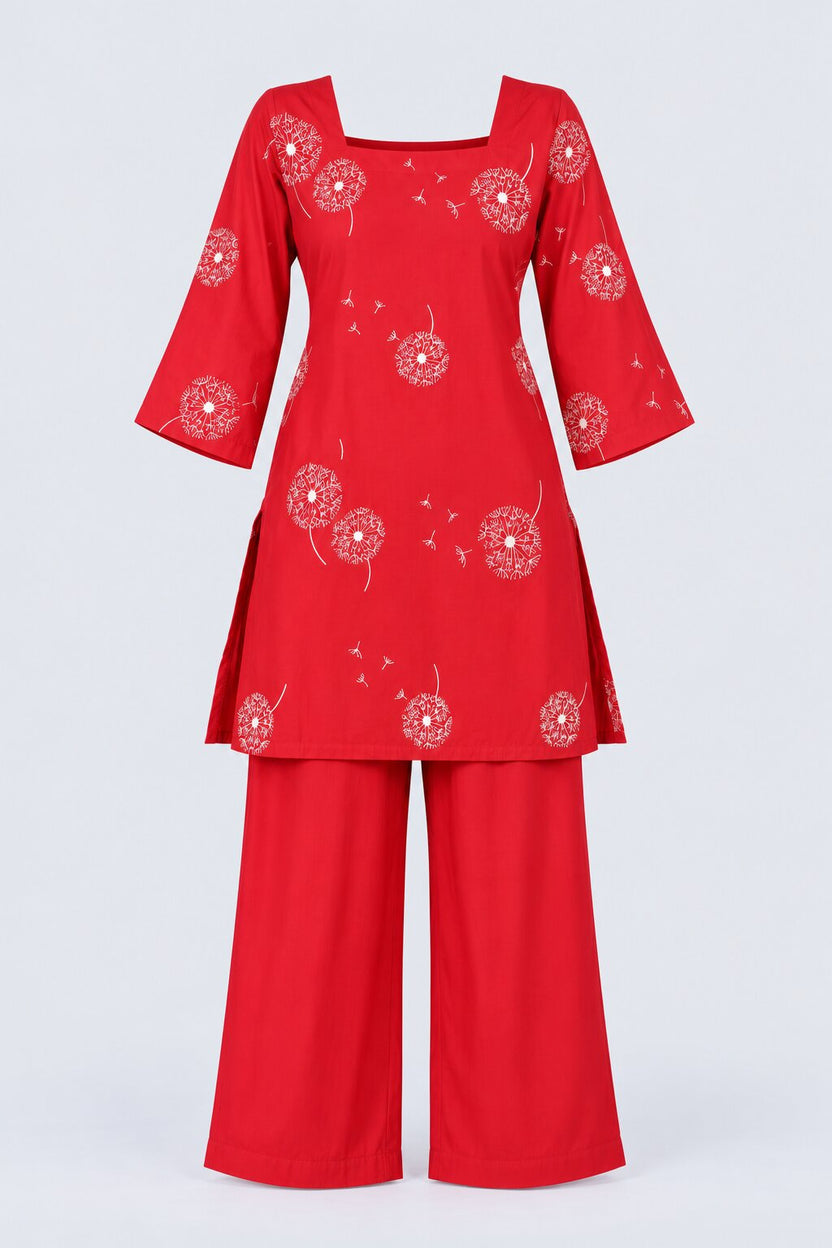 Womens Red Dandelion Print Kurta Palazzo Set - Image 7