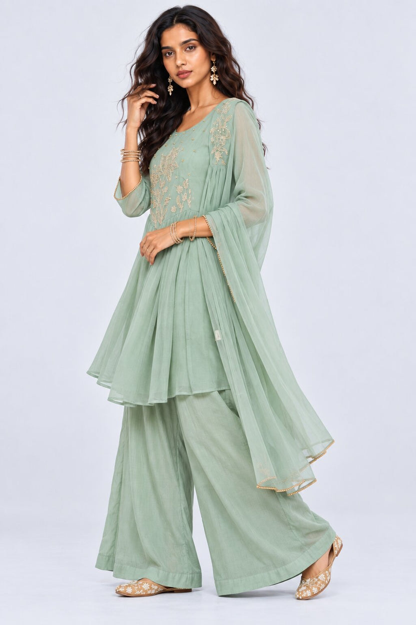Womens Teal Floral Embroidered Kurta Palazzos Set - Image 1