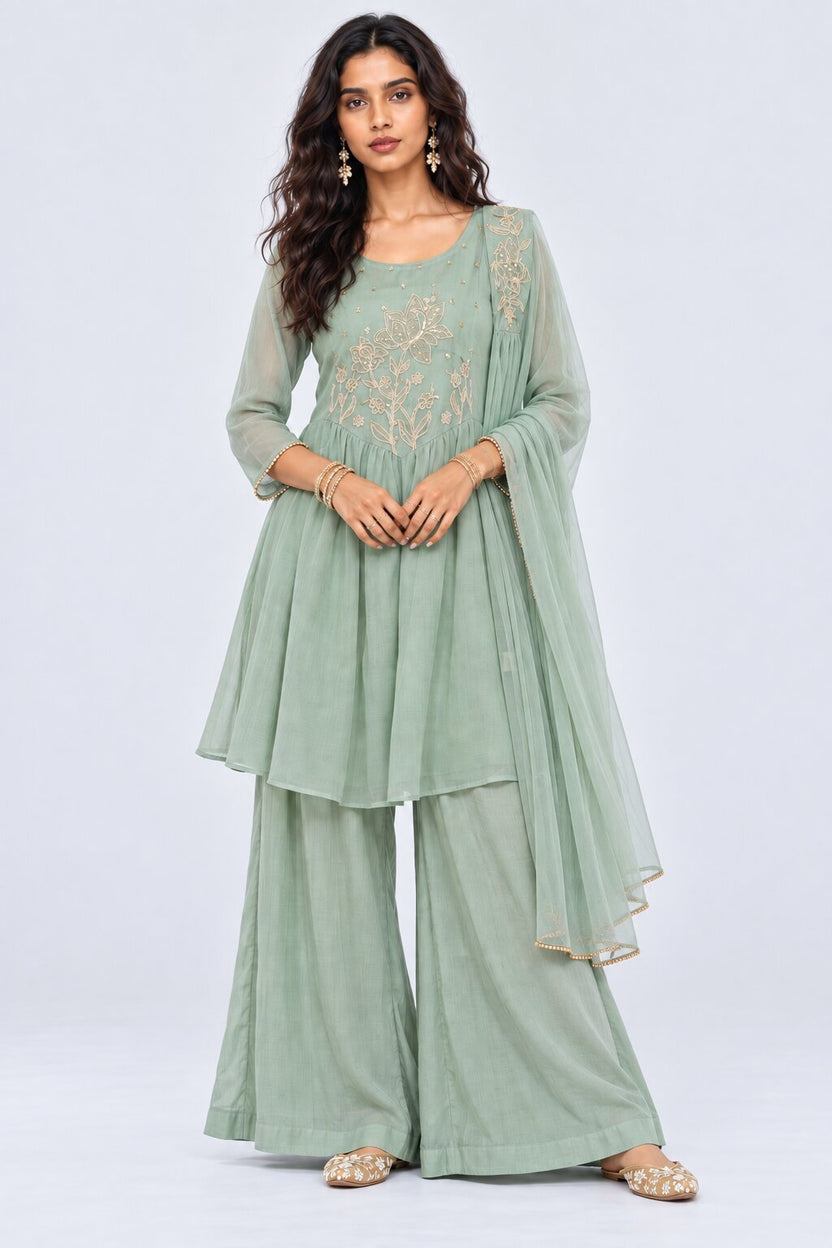 Womens Teal Floral Embroidered Kurta Palazzos Set - Image 2