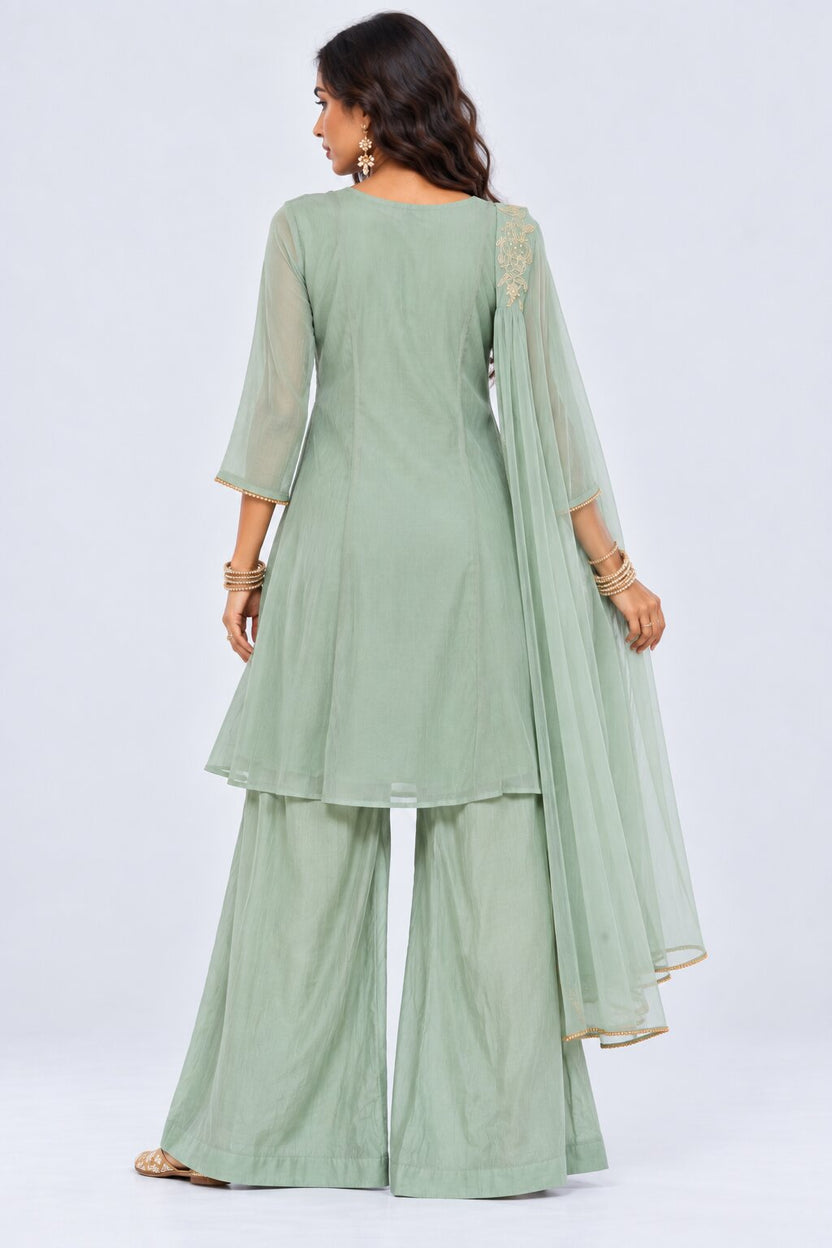 Womens Teal Floral Embroidered Kurta Palazzos Set - Image 5