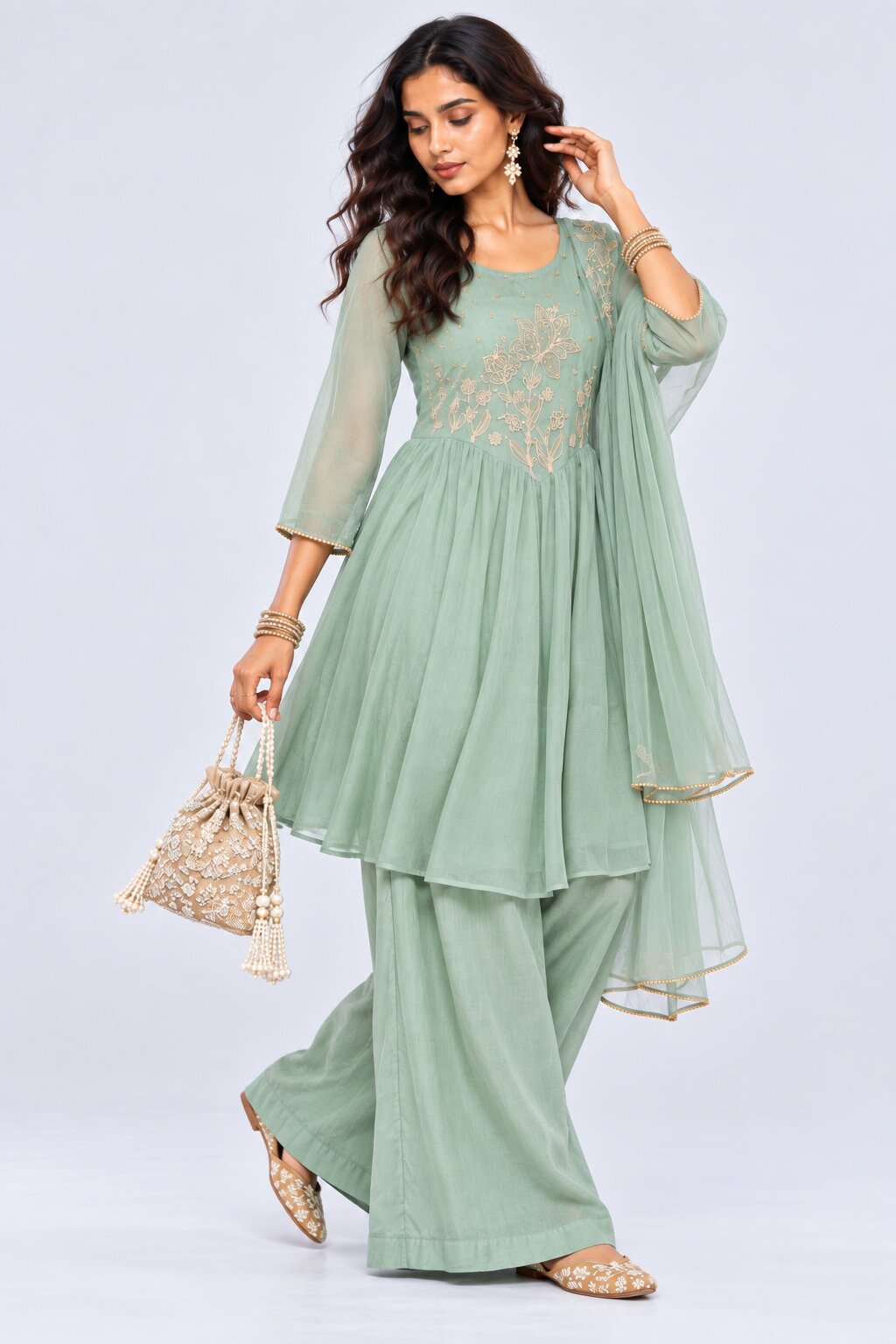 Womens Teal Floral Embroidered Kurta Palazzos Set - Image 6