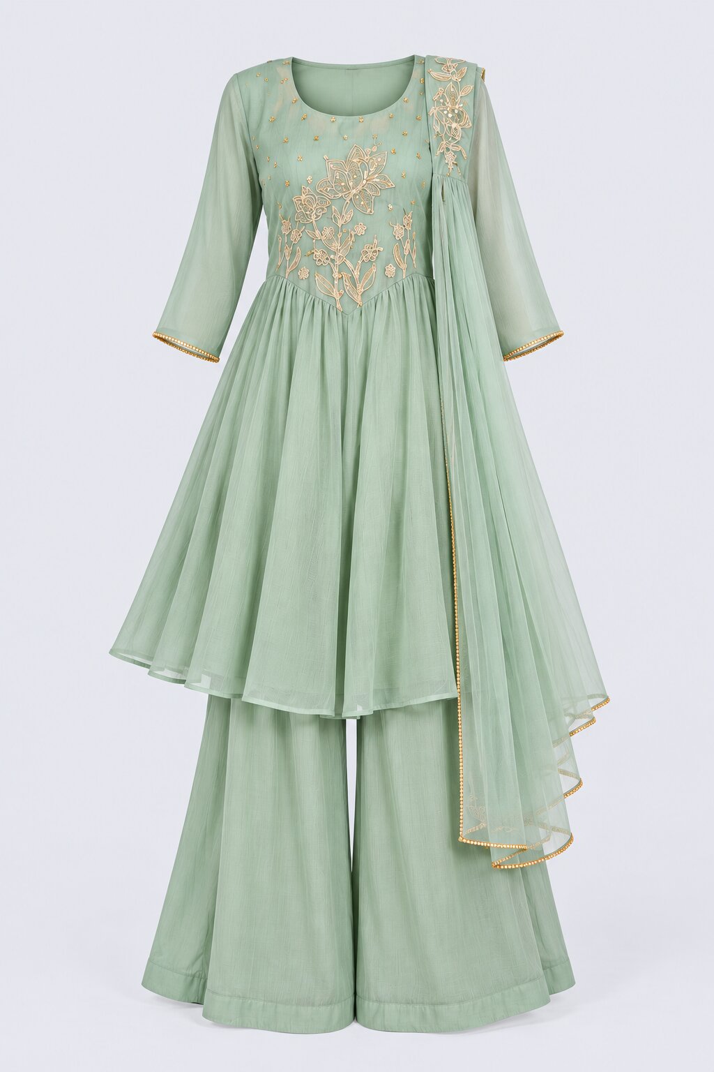 Womens Teal Floral Embroidered Kurta Palazzos Set - Image 7