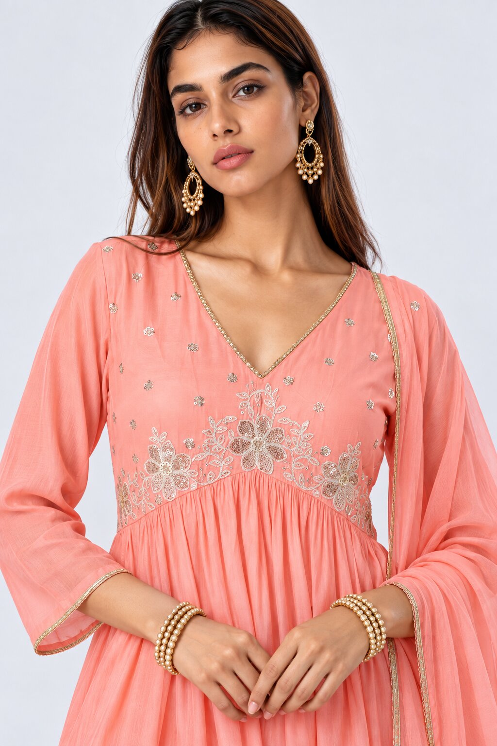 Womens Peach Floral Embroidered Kurta Palazzos Set - Image 1