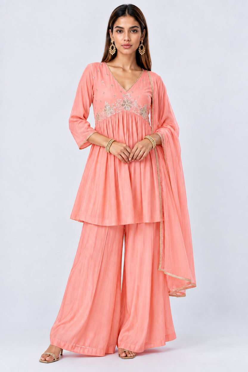 Womens Peach Floral Embroidered Kurta Palazzos Set - Image 2
