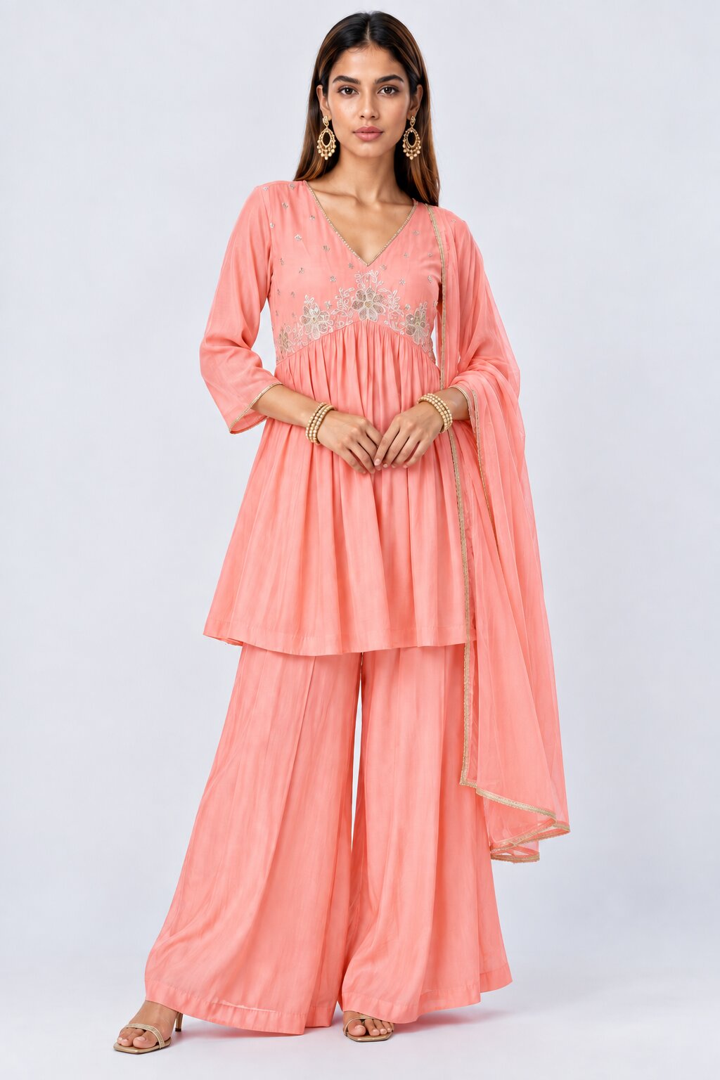 Womens Peach Floral Embroidered Kurta Palazzos Set - Image 2