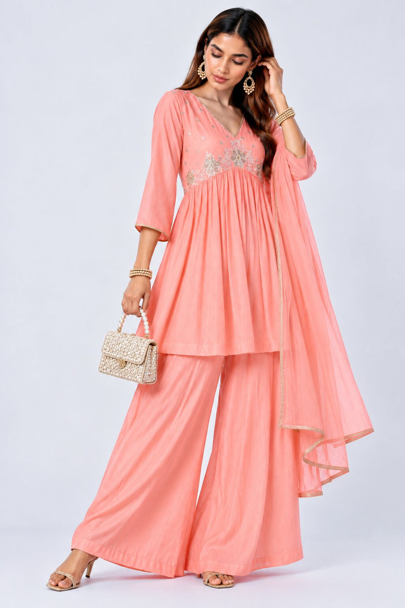 Womens Peach Floral Embroidered Kurta Palazzos Set - Image 3