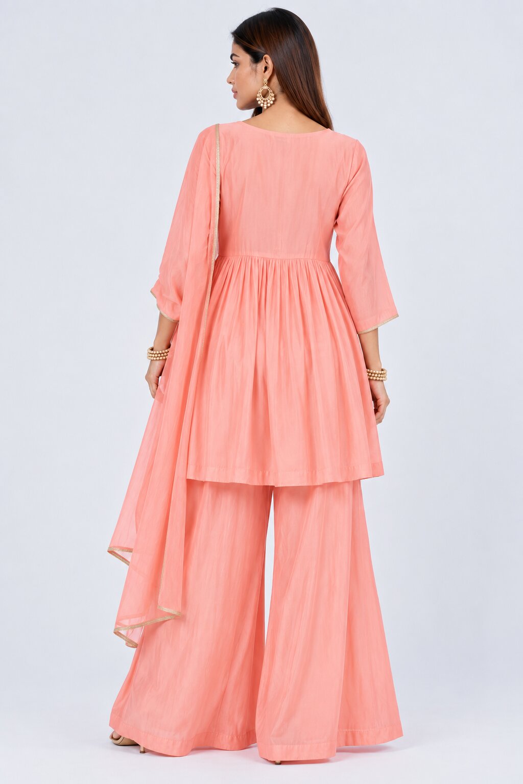 Womens Peach Floral Embroidered Kurta Palazzos Set - Image 5