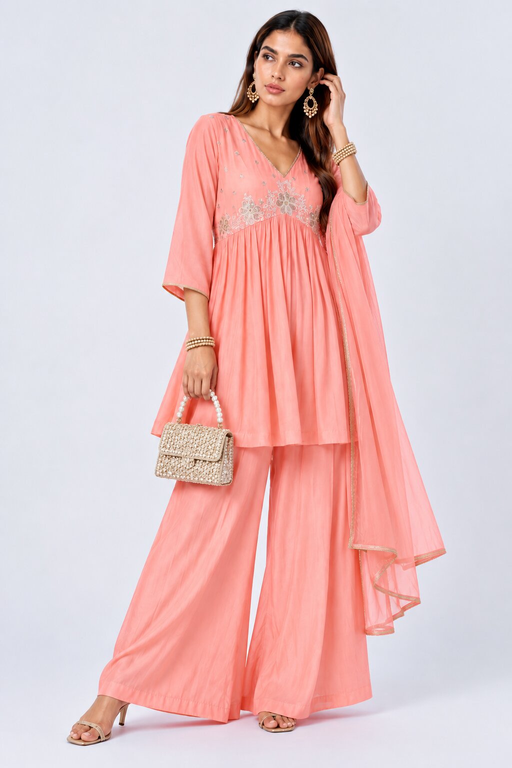 Womens Peach Floral Embroidered Kurta Palazzos Set - Image 6