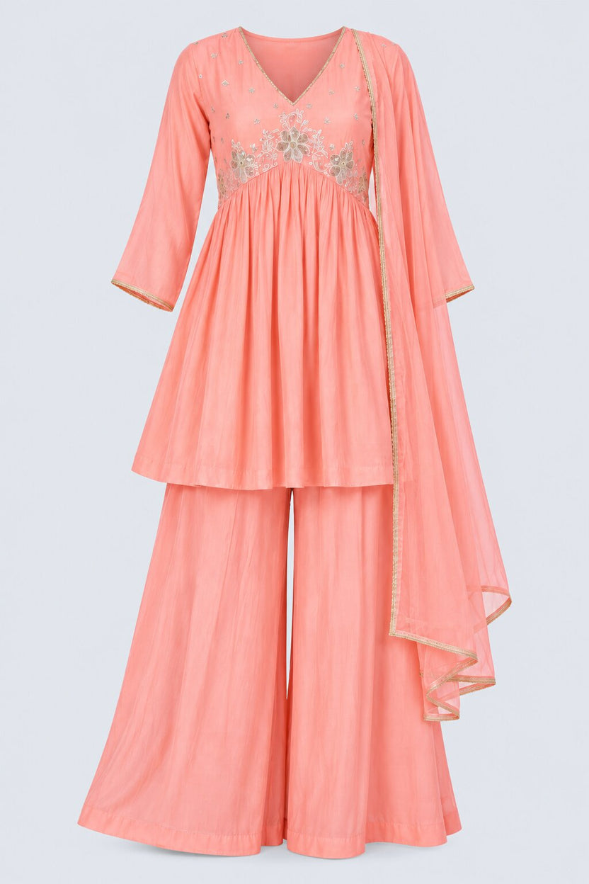 Womens Peach Floral Embroidered Kurta Palazzos Set - Image 7