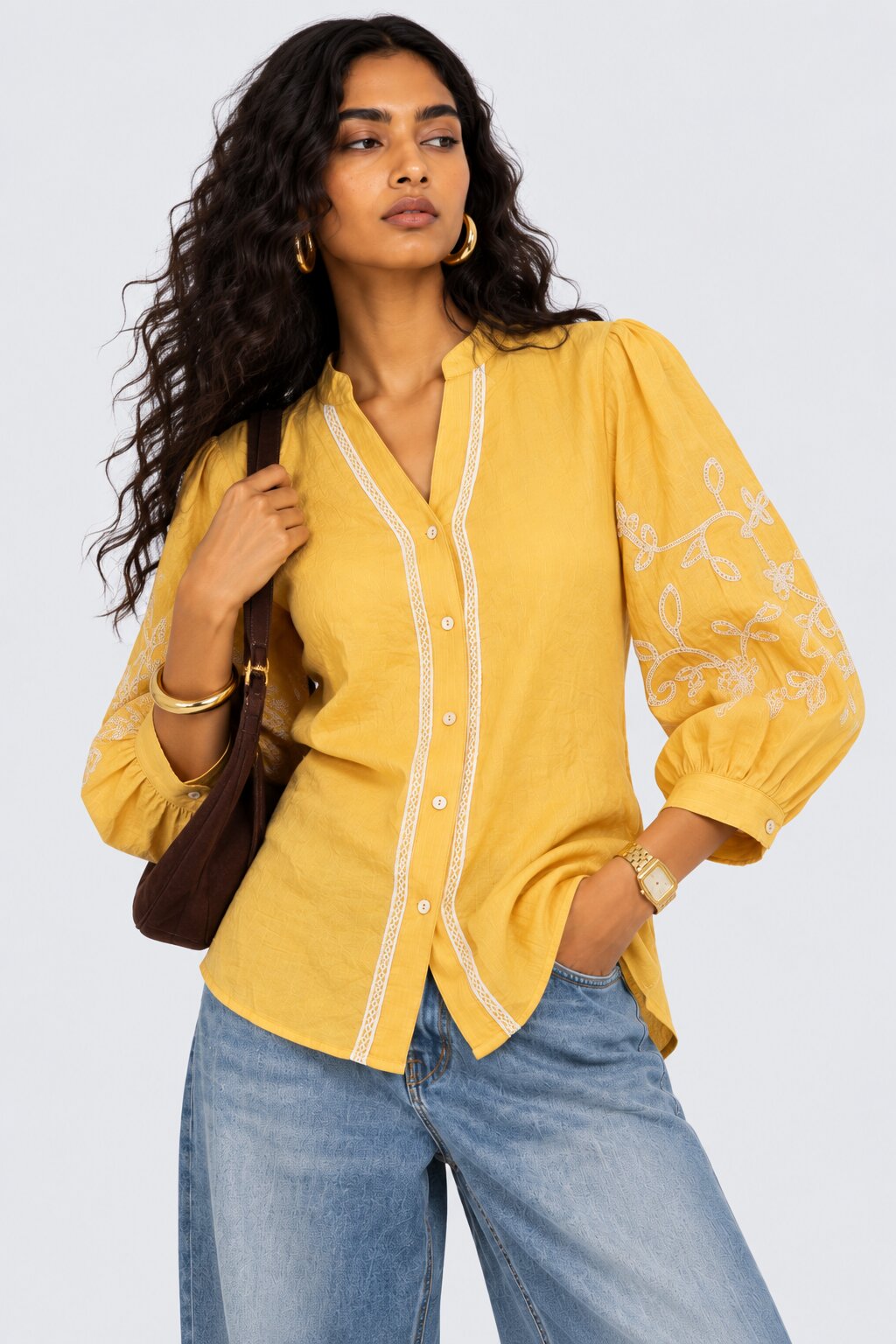Womens Yellow Floral Embroidered Puff Sleeve Tunic - Image 1