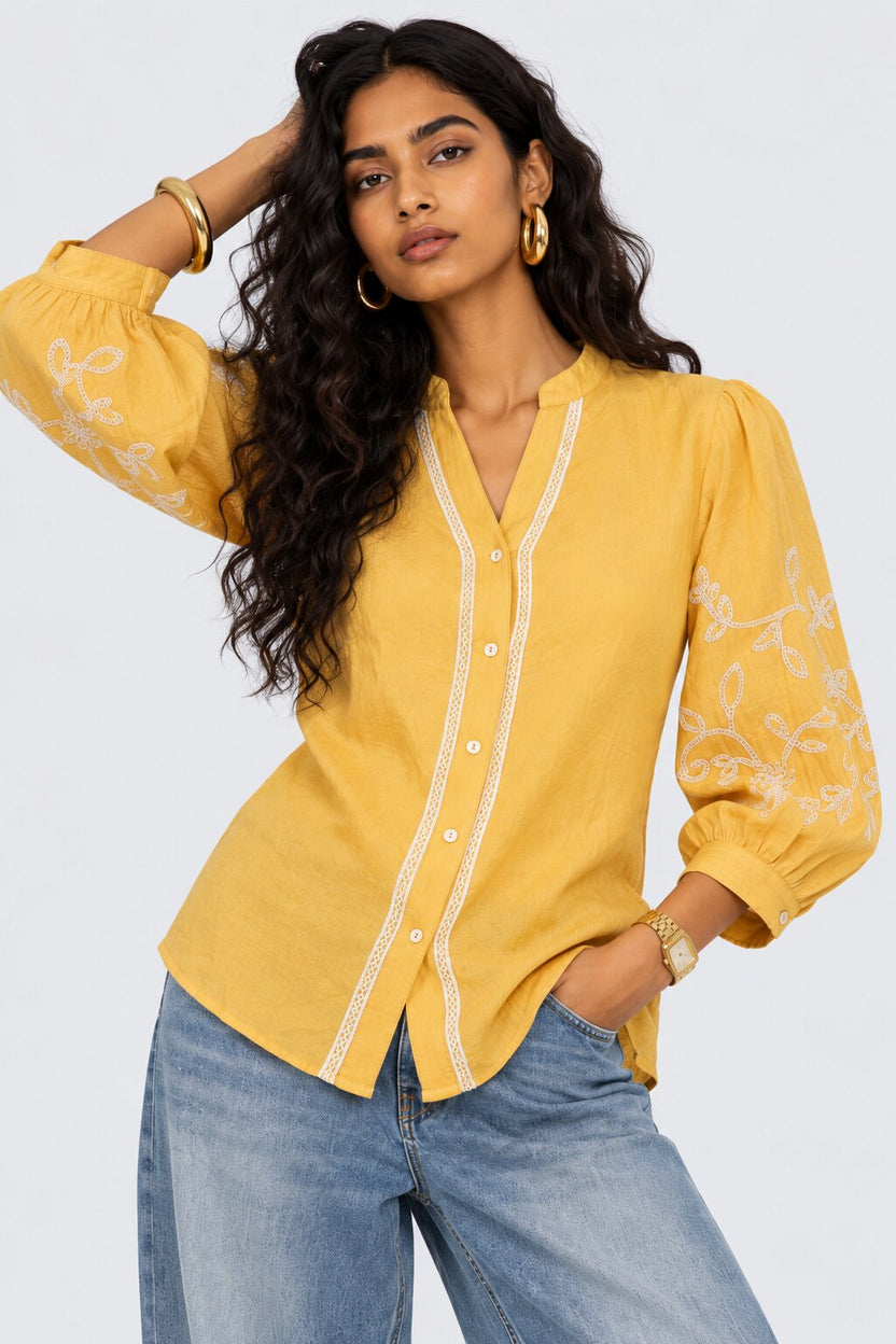 Womens Yellow Floral Embroidered Puff Sleeve Tunic - Image 2