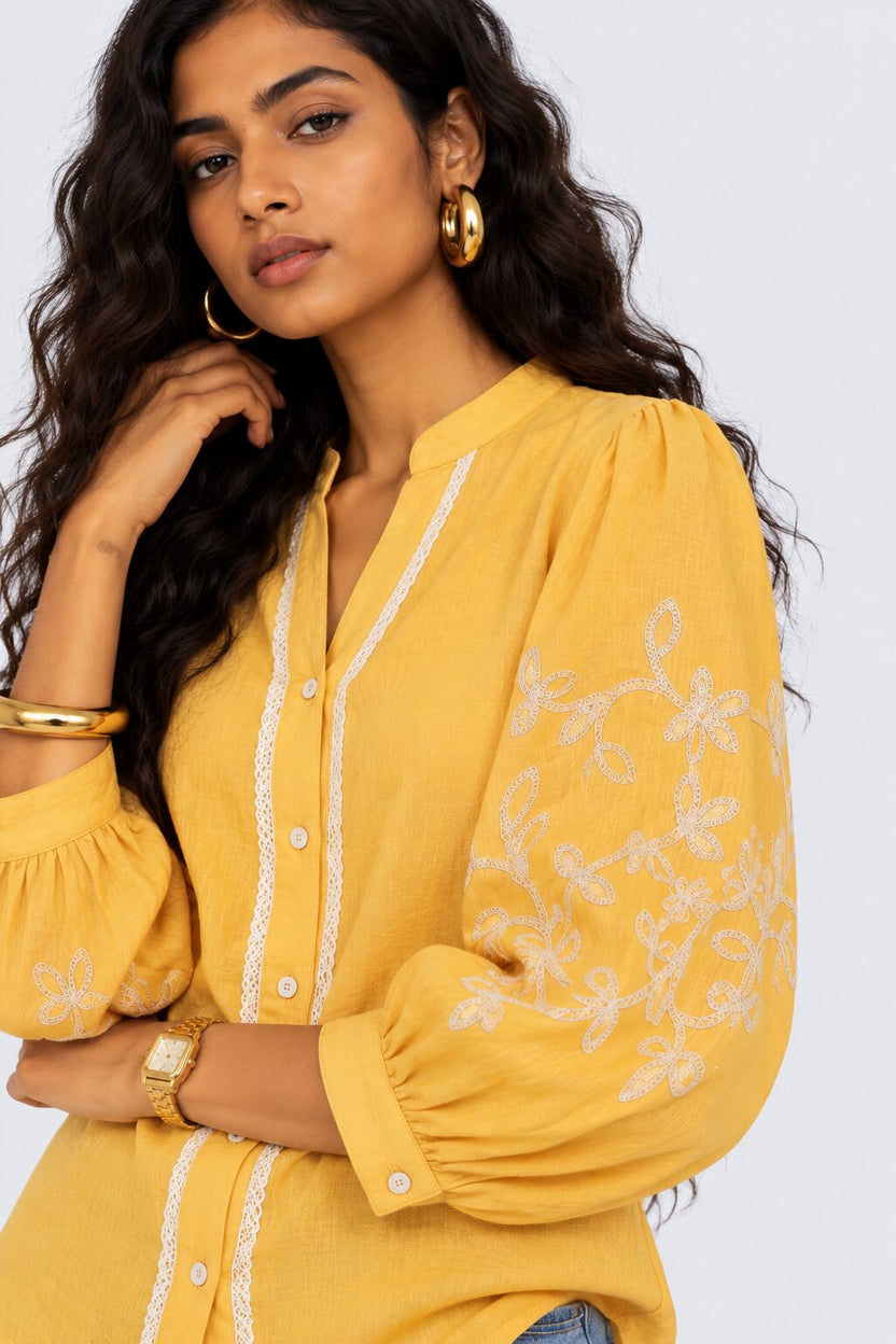 Womens Yellow Floral Embroidered Puff Sleeve Tunic - Image 3
