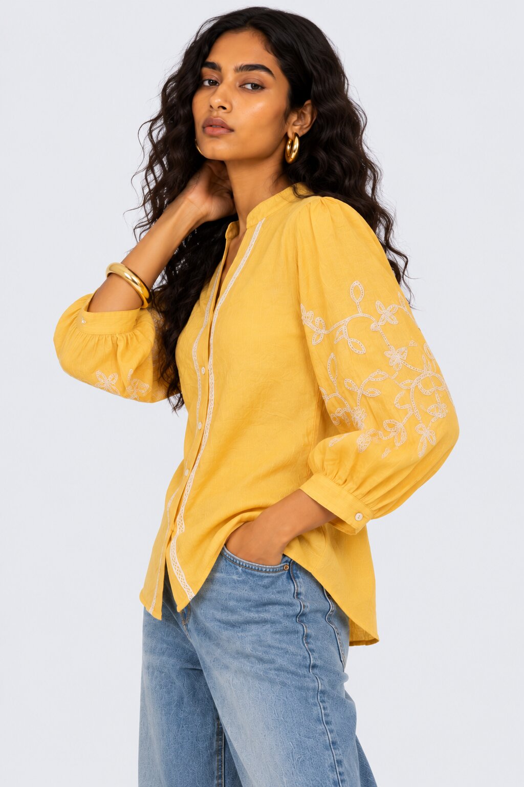 Womens Yellow Floral Embroidered Puff Sleeve Tunic - Image 4