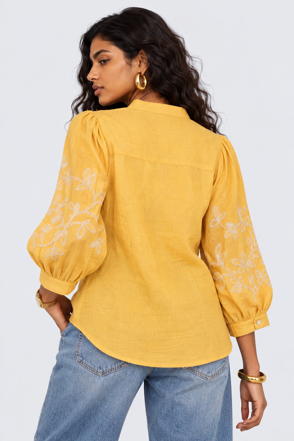 Womens Yellow Floral Embroidered Puff Sleeve Tunic - Image 5
