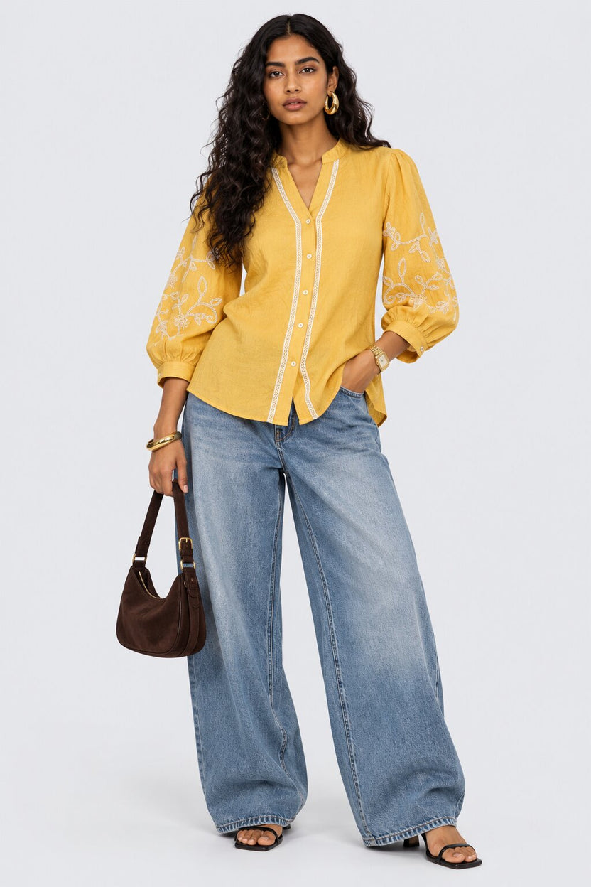 Womens Yellow Floral Embroidered Puff Sleeve Tunic - Image 6