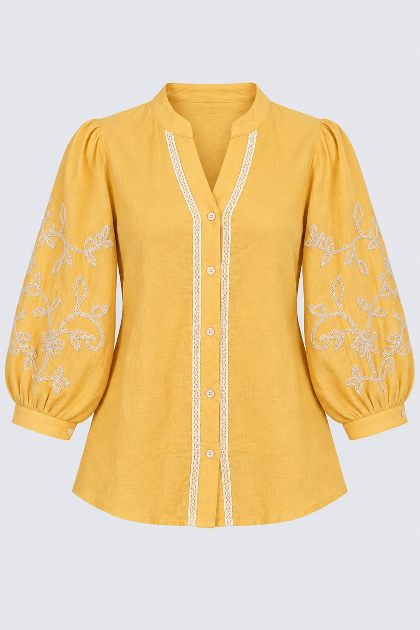 Womens Yellow Floral Embroidered Puff Sleeve Tunic - Image 7