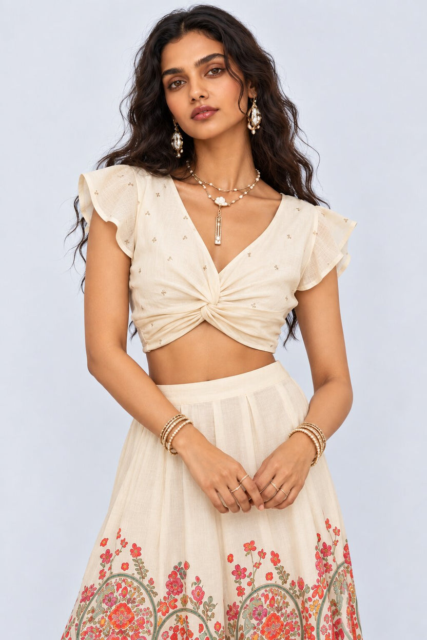 Womens Off White Ditsy Twist Front Crop Top - Image 2