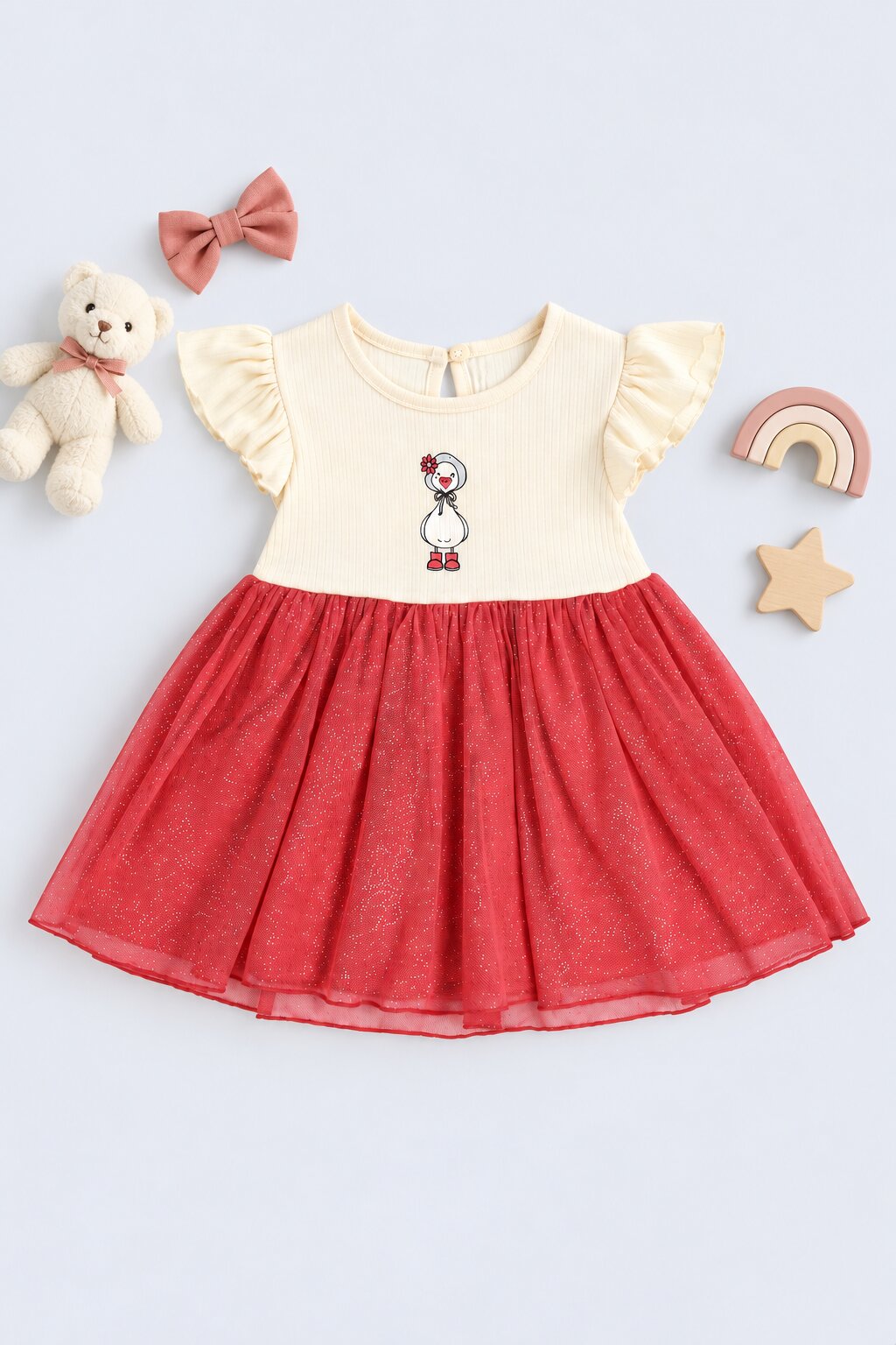 Infant Girls Red Glitter Tulle Graphic Party Dress - Image 1