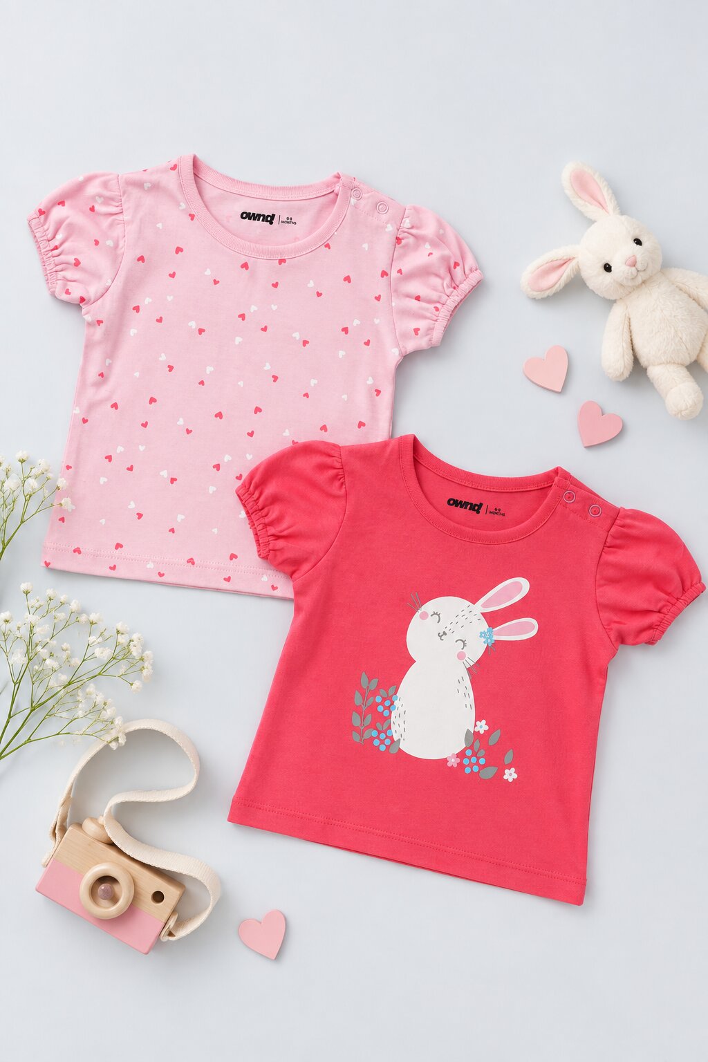Infant Girls Pink and Red Bunny Printed Pack of 2 T-Shirts - Image 1