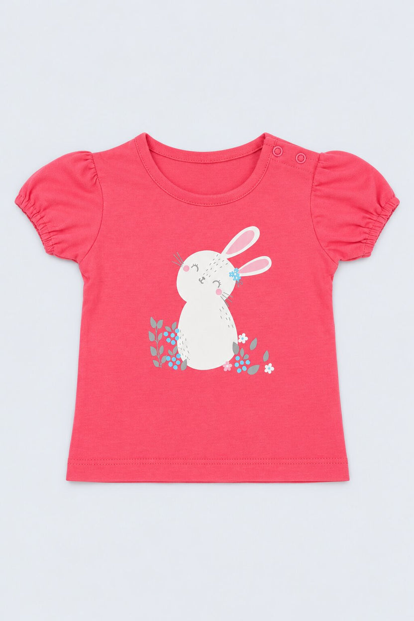 Infant Girls Pink and Red Bunny Printed Pack of 2 T-Shirts - Image 2