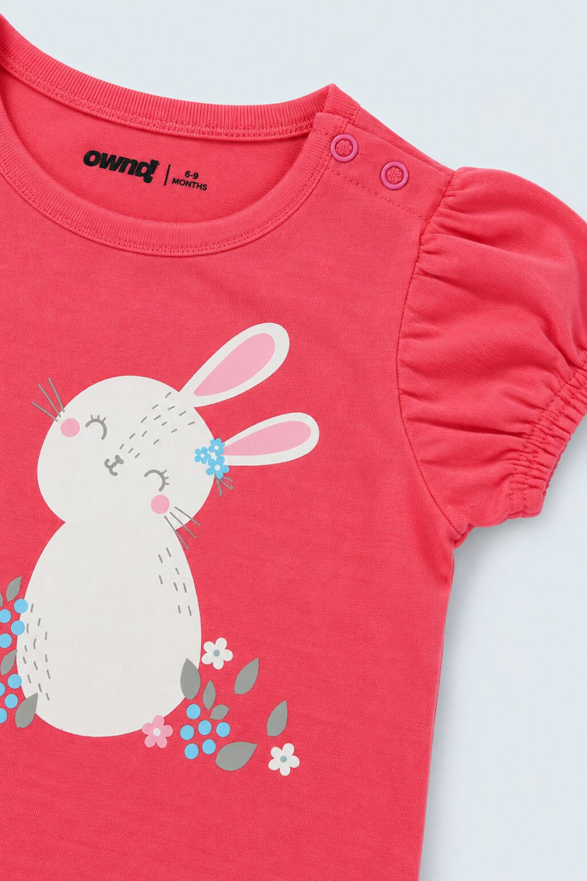 Infant Girls Pink and Red Bunny Printed Pack of 2 T-Shirts - Image 6