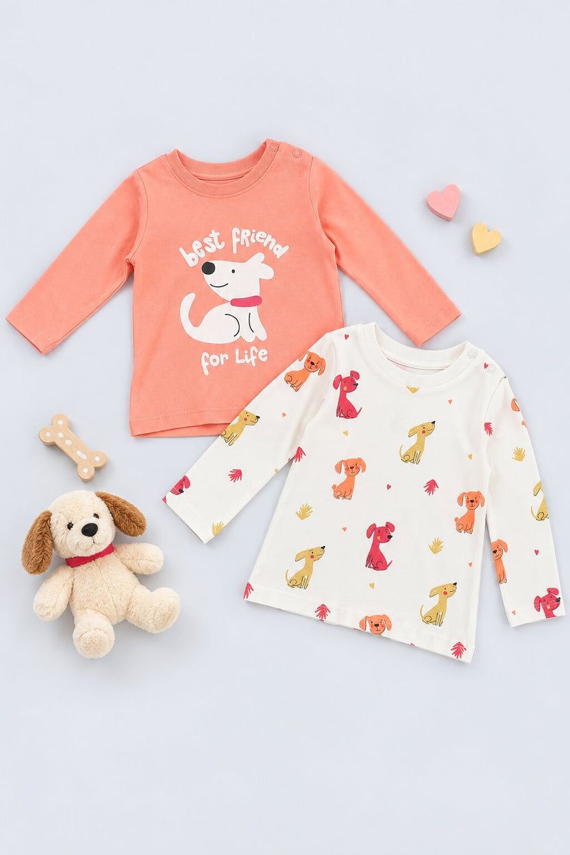 Infant Girls Orange and White Puppy Print Pack of 2 T-Shirts - Image 1
