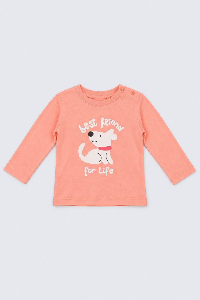 Infant Girls Orange and White Puppy Print Pack of 2 T-Shirts - Image 4
