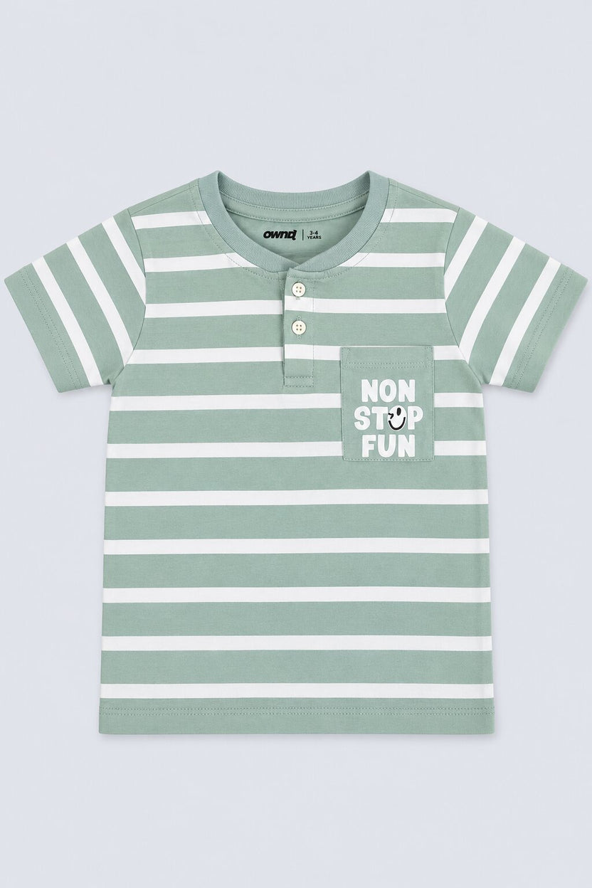 Boys Regular Fit Green Striped T-Shirt - Image 2