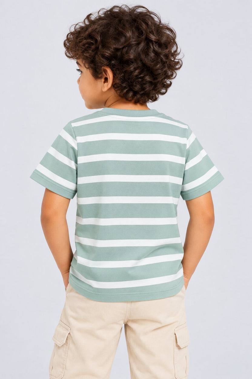 Boys Regular Fit Green Striped T-Shirt - Image 4