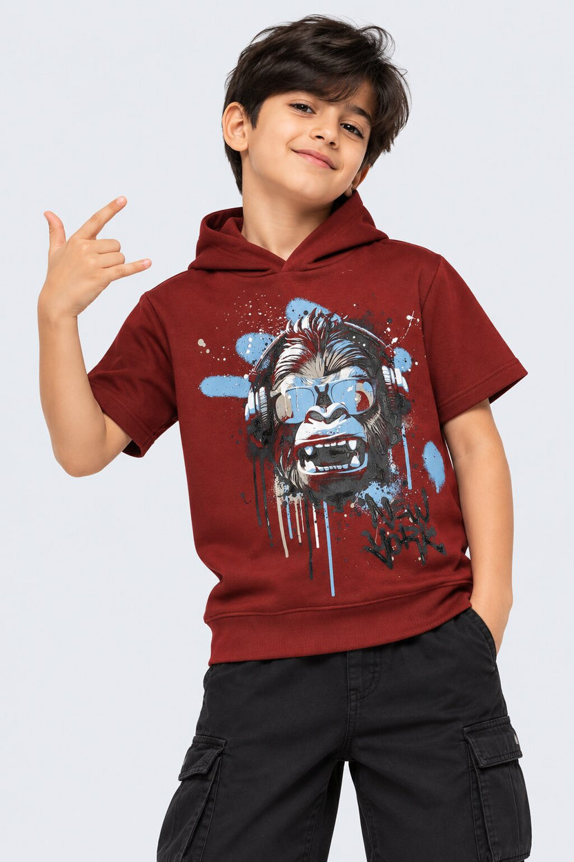 Tweens Boys Maroon Gorilla Graphic Hooded Sweatshirt - Image 1