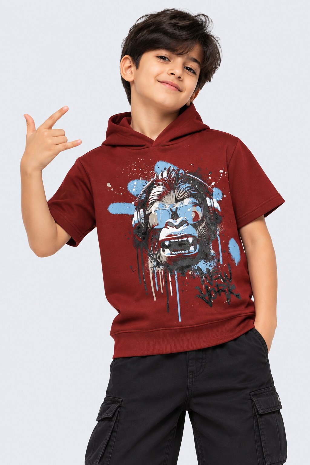 Tweens Boys Maroon Gorilla Graphic Hooded Sweatshirt - Image 1
