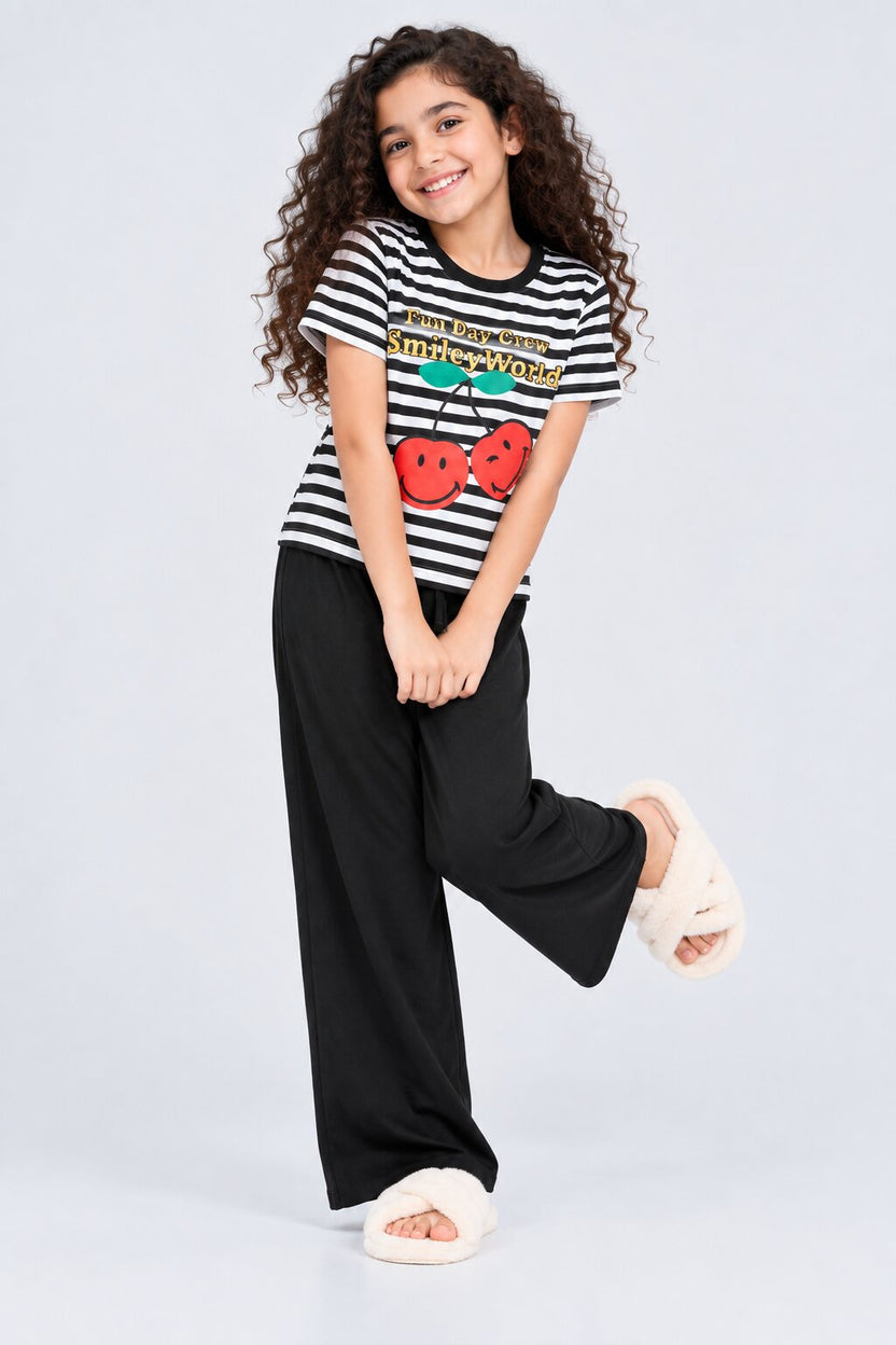 Tweens Girls Black Smiley Cherry Print Night Suit - Image 1