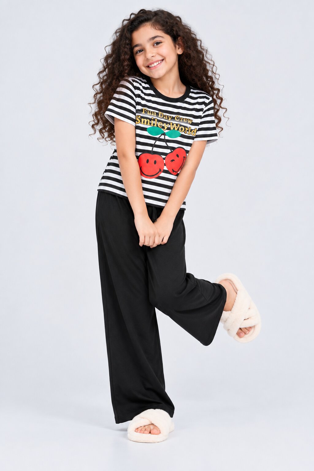 Tweens Girls Black Smiley Cherry Print Night Suit - Image 1