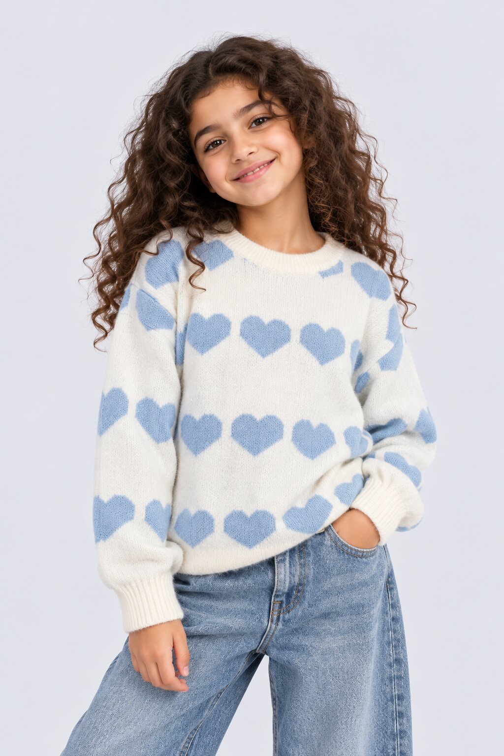 Tweens Girls White Heart Design Knitted Sweater - Image 1