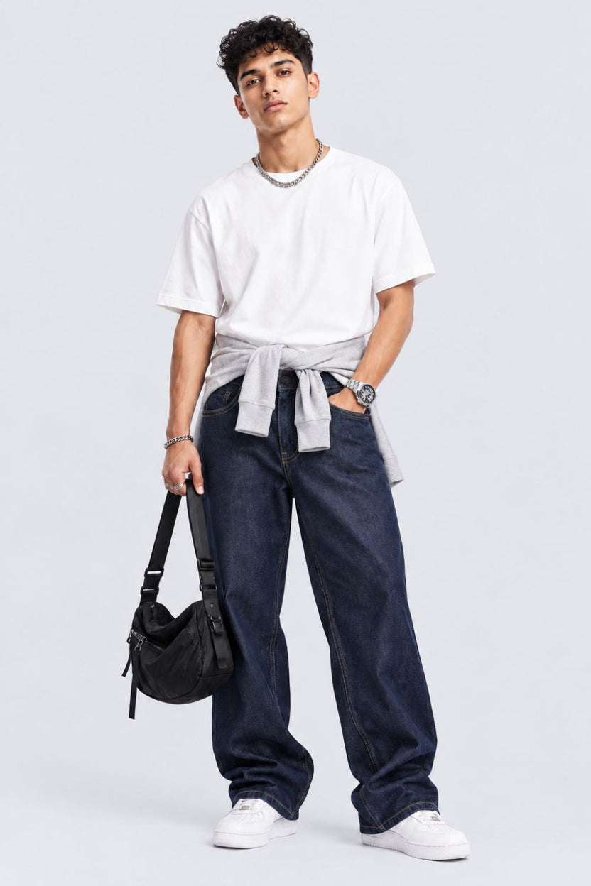 Mens Barrel Fit Navy Solid Jeans - Image 6