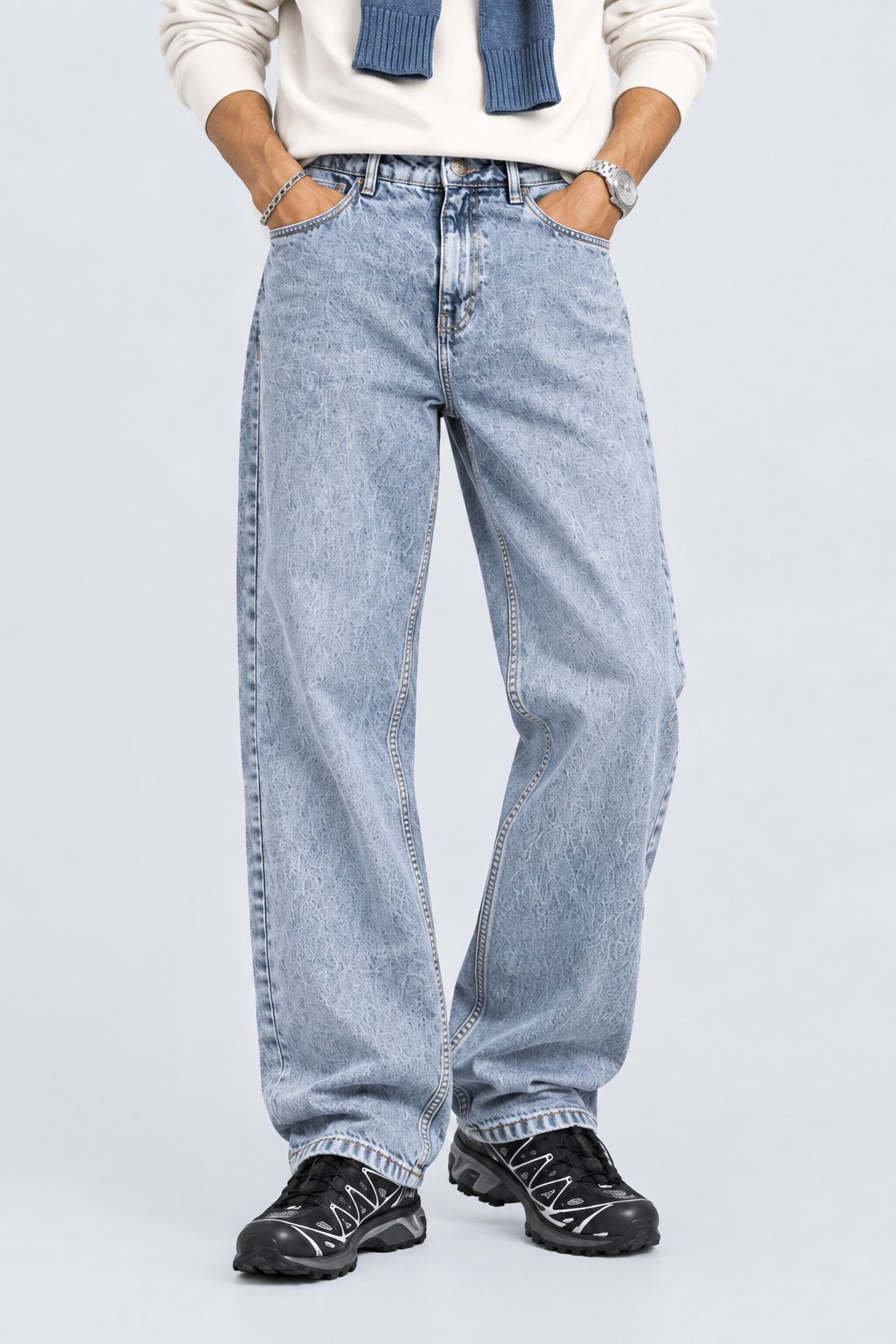 Mens Baggy Fit Light Blue Solid Jeans - Image 2