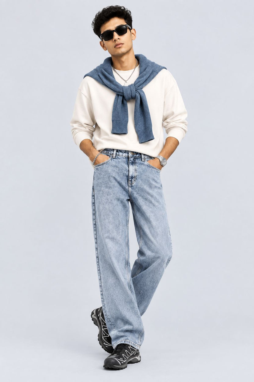 Mens Baggy Fit Light Blue Solid Jeans - Image 6