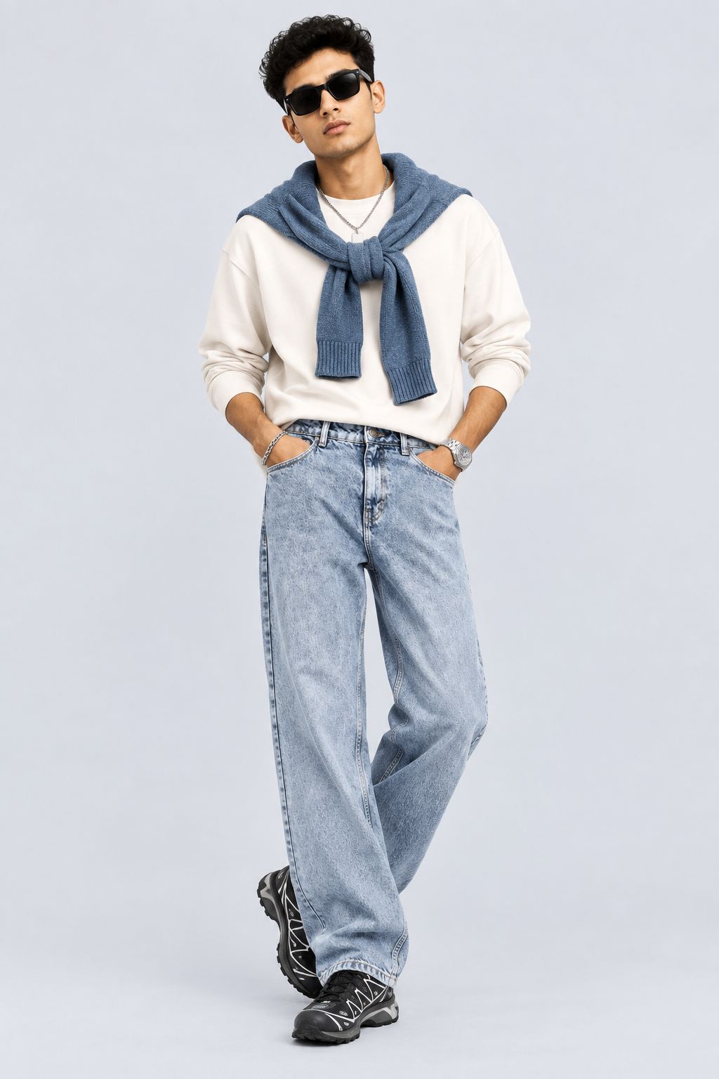 Mens Baggy Fit Light Blue Solid Jeans - Image 6