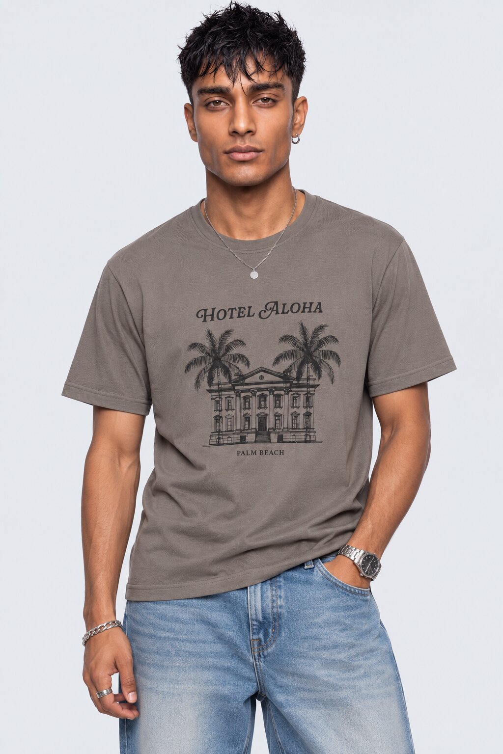Mens Regular Fit Taupe Graphic Printed T-Shirt - Image 2