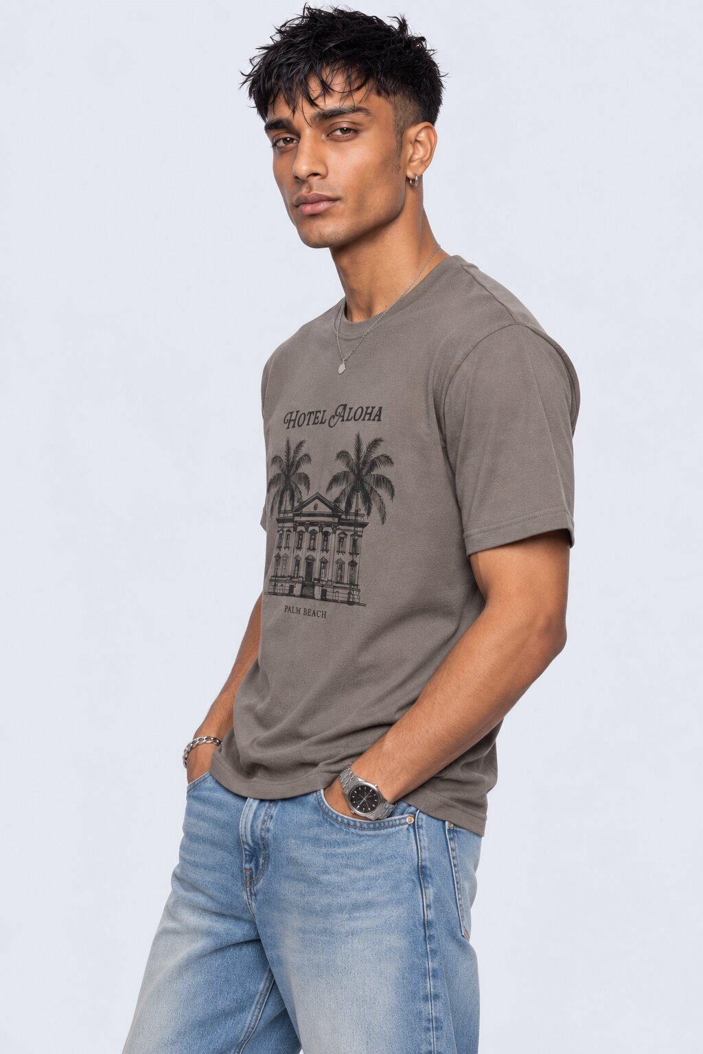 Mens Regular Fit Taupe Graphic Printed T-Shirt - Image 4