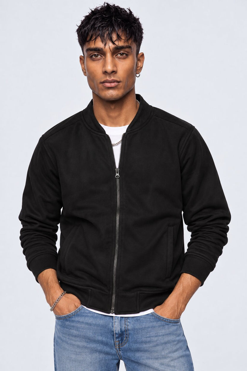 Mens Black Solid Zip-Up Bomber Jacket - Image 1
