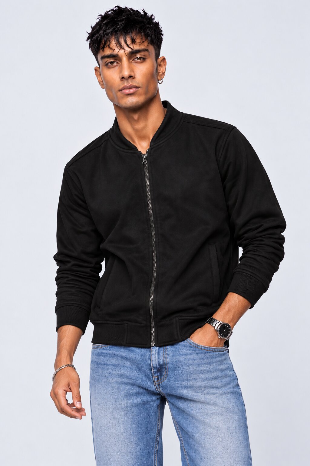 Mens Black Solid Zip-Up Bomber Jacket - Image 2