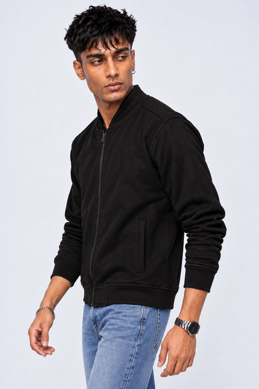 Mens Black Solid Zip-Up Bomber Jacket - Image 4