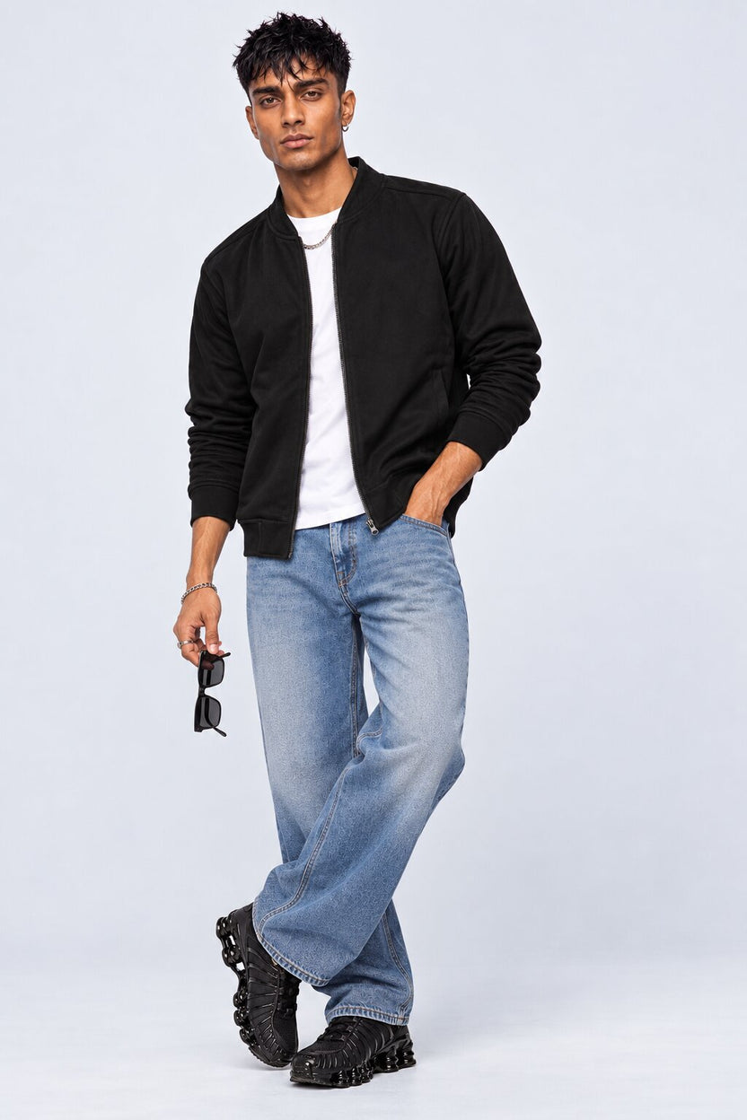 Mens Black Solid Zip-Up Bomber Jacket - Image 6