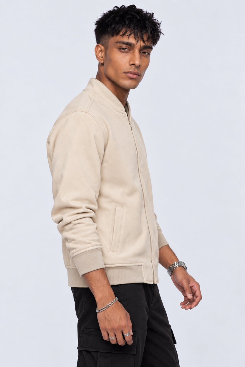 Mens Cream Solid Zip-Up Bomber Jacket - Image 2