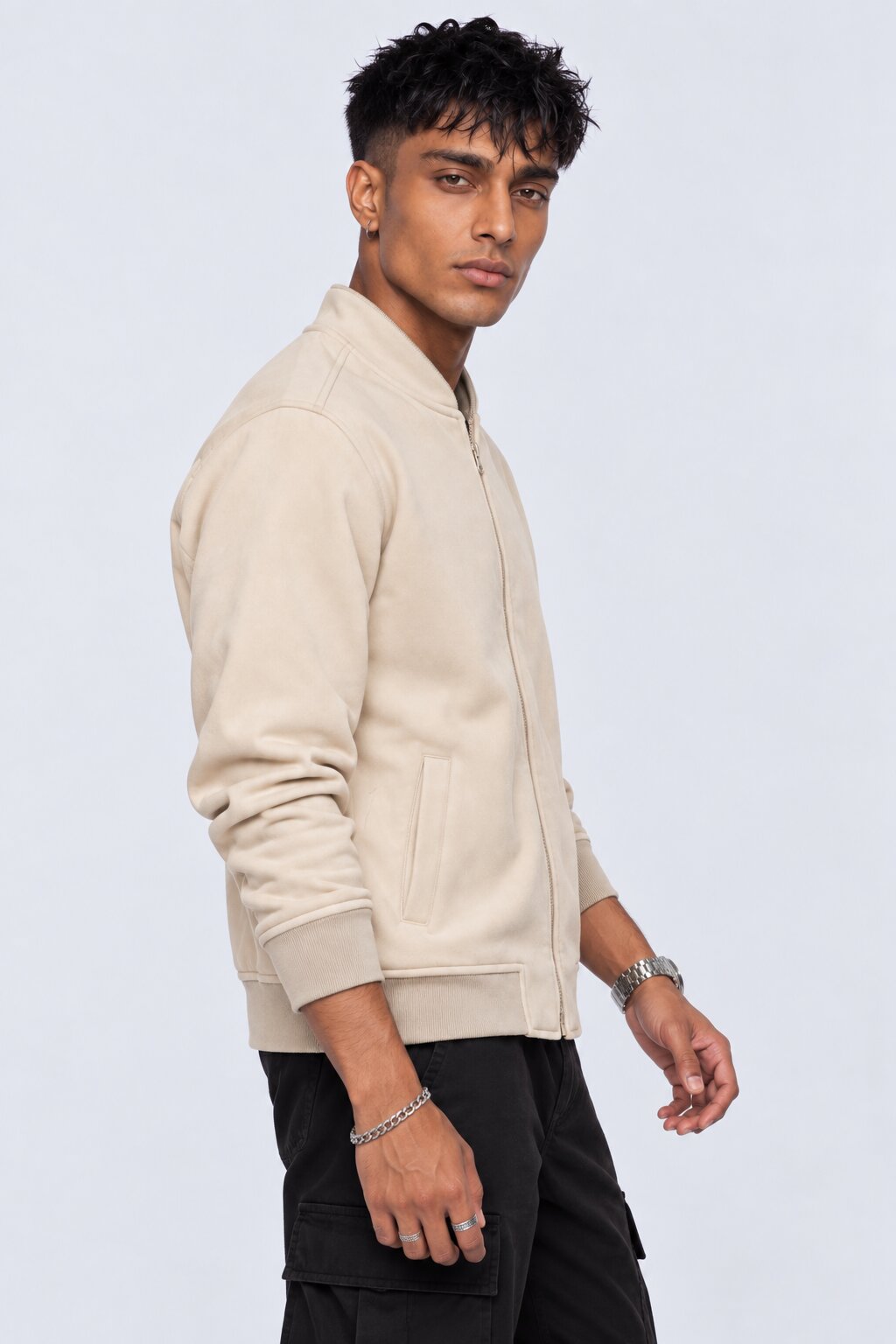 Mens Cream Solid Zip-Up Bomber Jacket - Image 2