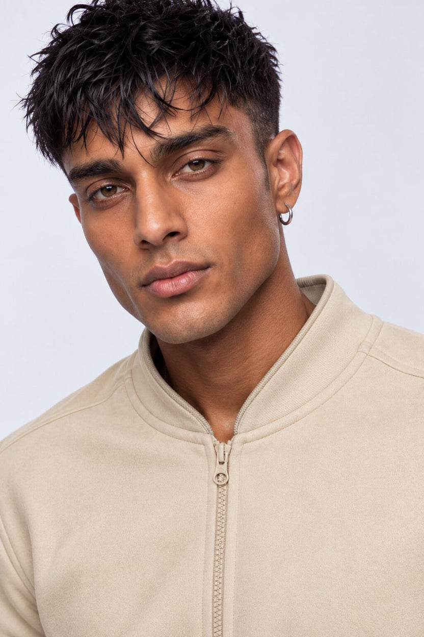 Mens Cream Solid Zip-Up Bomber Jacket - Image 3