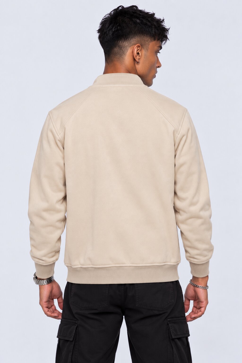 Mens Cream Solid Zip-Up Bomber Jacket - Image 4