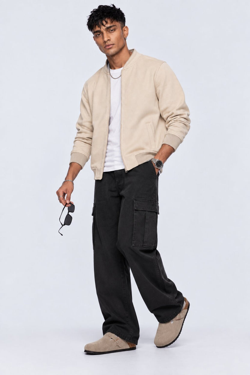 Mens Cream Solid Zip-Up Bomber Jacket - Image 5