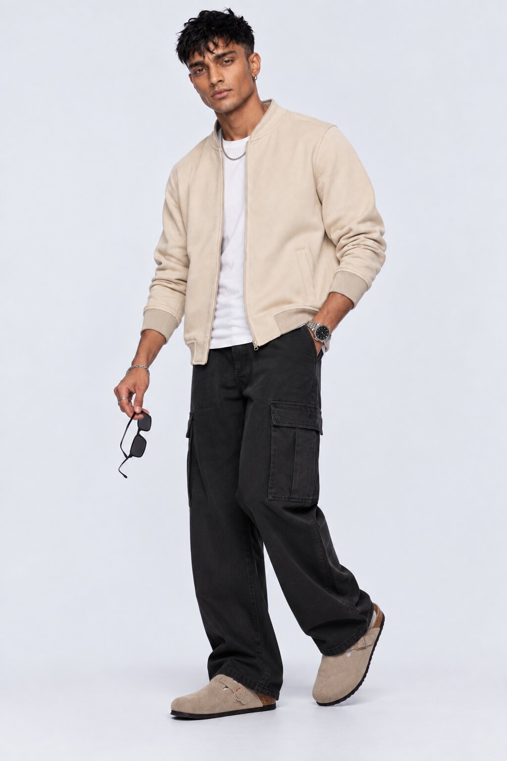 Mens Cream Solid Zip-Up Bomber Jacket - Image 5